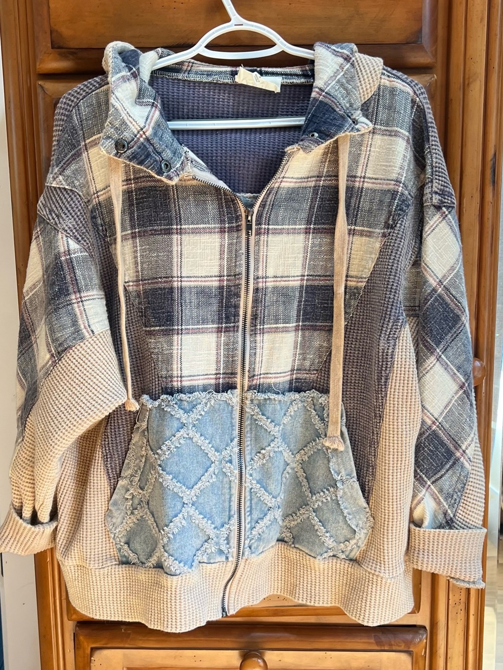 Oli & Hali Plaid Teddy Jacket with Denim Pocket Accents in Beige and Blue